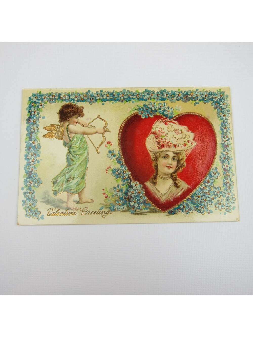Postcard Greeting Valentine Antique Lady Hat Cupid Arrow Red Heart Blue Flowers
